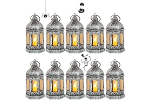 Romadedi 10er Set Mini Laterne Deko Silber - Tischdeko kleine Laterne zum Aufhängen, mit LED Kerzen für Halloween, Ramadan, Garten, Weihnachten, Hochzeit, Balkon