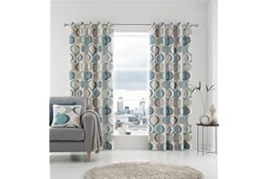 Fusion Duck Egg Geometric Eyelet Curtains 66 x 54 Inches (168 x 137 cm) – 100% Cotton – 2 Panels – Retro Vector Circle Print – Bedroom and Living Room Drapes – Crescent Pattern Design