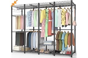 AQRA Clothes Rail Heavy Duty Clothes Rail, Open Wardrobe for Hanging Clothes with Adjustable Shelves 4 Assembly Ways, Professional Pants Rack Design, Clothes Rack, 193.5W×43.5D×195H (Black)