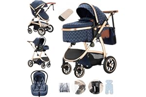 Lnhcrbs Poussette 3 en 1,Poussette Compacte Équipée d'Une Poignée Réglable en Hauteur et d'Un Siège Auto, Poussette Bebe Est Également Livrée Avec Une Moustiquaire et Un Sac Exclusif Pour Les