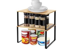 BELLE VOUS Confezione da 2 Mobiletto Salvaspazio in Bambù Naturale - Organizzatore Cucina Impilabile ed Espandibile - Dispensa Cucina, Bagno, Lavanderia - Mobile Cucina Dispensa Multifunzione