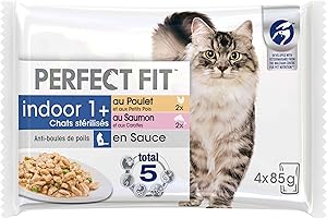 PERFECT FIT Repas pour Chat d'Intérieur Stérilisé - 52 Sachets Fraîcheur (Lot de 13 Packs 4x85g) - Pâtée pour Chat en Sauce - Saumon / Poulet - Nourriture Complète & Equilibrée