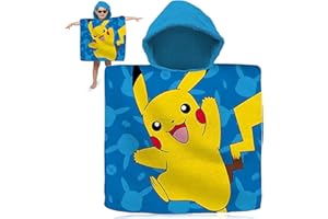 SRV Hub Asciugamano a poncho con cappuccio per bambini da 3 a 6 anni, 100% cotone, 120 x 60 cm, ideale per vacanze, nuoto, spiaggia, bagno (P0kem0n)