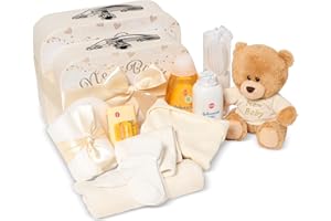 Coffret cadeau bébé - panier cadeau neutre rempli de produits pour bébé dans 2 boîtes de rangement crème unisexe