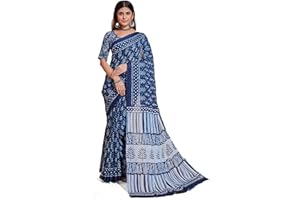 Jaanvi fashion Handicrafts Women's Ikat Block Print Cotton Mulmul Saree with Unstitched Blouse Piece