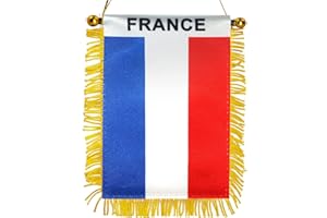 Anley Drapeau à suspendre pour fenêtre à franges France 10,2 x 15,2 cm – Mini bannière de drapeau et décoration de rétroviseur de voiture – Drapeau à suspendre français à franges avec ventouse