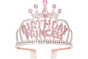 AHQIZFX Birthday Crown for Women, Rose Gold Birthday Princess Crown with Combs Girls Rhinestone Tiara Headband Happy Party Favors Decorations Happy Birthdays Accessories Pink