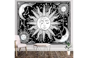 WOVTE Sun and Moon Tapestry Black and White Tapestry Constellation Astrology Psychedelic Mystic Wall Hanging Nature Home Decorations For Bedroom Dorm Room (150x130cm)