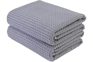 POLYTE Microfibre Oversize Quick Dry Lint Free Bath Towel, 76 x 152 cm, Set of 2 (Gray, Waffle Weave)