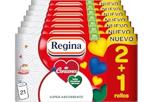 Regina de Corazones Papel Cocina - 21 Rollos, Máxima Absorbencia En Cada Hoja, 58 Hojas De 2 Capas Por Rollo, Color Decorado, Rollo grande