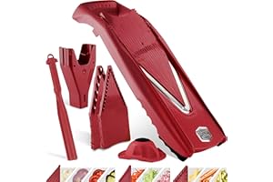 Coupe-Légumes Börner V5 (Plus Set) • Mandoline en V Réglable + Accessoires Supplémentaires + Éplucheur • Avec Lame en V en Acier Inoxydable • Pour Tranches, Bâtonnets, Dés • Rouge