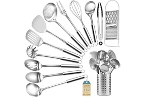 Pleafind 13 Pcs Kitchen Utensils Set - Stainless Steel Cooking Utensils Set with Utensil Holder, Heat Resistant & Nonstick Utensils Set, Metal Spatula Set for Chef, Dishwasher Safe