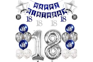 Pargleev 18th Birthday Decorations for Boys Girls,32 inch Number 18 Birthday Foil Balloons with Swirl Decorations Happy Birthday Banner and Star Foil Balloons 12PCS Confetii Silver