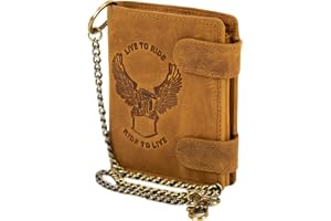 MDM biker plånbok herr läder med kedja, plånbok äkta läder i vintagedesign med prägling – bikerkombibörs stående format, Ljus
