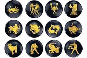 Crocon Black Agate Zodiac or Horoscope Symbols Engraved Round Stones (Set of 12) for Reiki Healing Meditation Balancing Gemstone Pocket Reiki Stone Love Crystal Sun Sign Gift