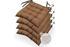 casaviva - Cuscini Coprisedie 100% Cotone Stampato Effetto Lino - Cuscini Sedie Cucina Set da 4 Pezzi CIOCCOLATO - Cuscini per Sedie Antidecubito 9 Impunture Con Lacci