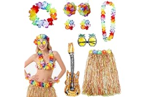 Marypaty Falda Hawaiana Niña 8 Piezas Disfraz Hawaiano Mujer con Guirnaldas de Flores Collar Diadema Gafas de Sol Guitarras hinchables Playa Favor de Partido Adultos
