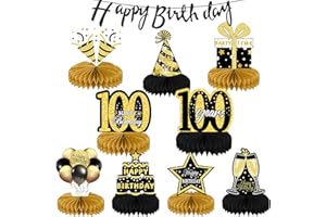 KEPMOV 10 Pieces Birthday Decorations Set, Black Gold 100th Birthday Table Decoration, 100th Birthday Table Centerpieces with Happy Birthday Banner Honeycomb Table Topper for Men Woman Birthday Party Decor