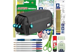 ColePack BitsBobs - Lote de Estuche Portatodo Triple con 3 Cremalleras y Material Escolar de Primeras Marcas Incluido (Negro)