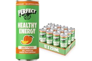 PERFECT TED PerfectTed Juicy Peach Healthy Energy Drink, 12 x 250ml Cans, All-Natural Green Tea Caffeine (80mg) & L-Theanine | Low Calorie (43KCAL) | Vegan | Gluten-Free | No Added Sugar
