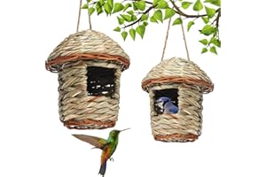 PUMMNY Nido de Pájaro Colgante, 2 Piezas Casa de Paja Natural Pájaros, Nidos de Pájaros, Casa de Pajaros Exterior, Nidos para Pájaros Pequeños, Casa de Paja Natural Pájaros para Aves Pequeñas