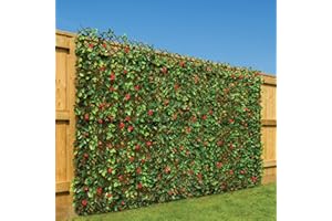CHRISTOW Expanding Artificial Trellis Fake Leaf Red Flower Hedge Garden Privacy Screening (1m x 2m)
