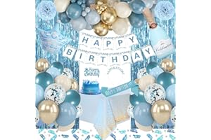 WEQTWL Blue Birthday Party Decorations with Happy Birthday Banner, Dusty Light Blue Sand White Gold Balloons, Tablecloth, Curtain, Sash, Tiara for Women Girls Princess Party Decor