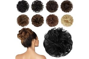 FESHFEN Chignon Postiche Cheveux Humains, Ondulés Noir Extension de Cheveux Naturel Élastiques Cheveux Bouclés Chouchou Postiches pour Femme