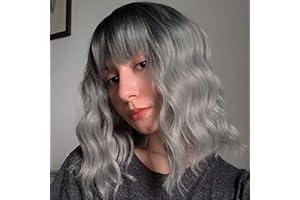 Leeven Peruka ombre, szary, bob, z grzywką, naturalne falowane włosy, zamiennik peruki z frędzlami, krótka, szara peruka dla kobiet, z różą, czepek do codziennych kostiumów, ombre, szara