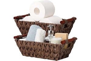 GRANNY SAYS Cestos Mimbre Decoración, Paquete de 3 Cestas Organizadoras con Asas, Cajas de Mimbre Tejida Apilable para Armarios de Cocina Estante Conjunto, Cestas Almacenaje Baño Rectangulares, Marrón