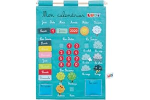 LUDI - Calendrier Éducatif Bleu En Tissu Brodé - Dès 3 Ans - 45 Étiquettes Amovibles - Développe La Découverte, La Réflexion & L'Organisation - 40 x 53 x 1 cm