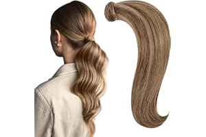 RUNATURE Extension de Cola de Caballo 16 Pulgadas/40cm Coleta Extensiones Pelo Cabello Marrón Dorado Highlight Rubio Dorado #10P16 Cola de Caballo de Extensiones de Pelo Humano 80g