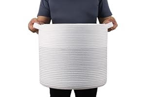 ArcaGuru Laundry Basket, Cotton Rope Storage Laundry Bin, Rope Round Storage Basket with Handle, Blanket Basket Living Room, Storage Baskets for Towel, Throw, Pillow, 40 x 35 CM, White & Grey