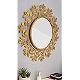 Artemade Iron Framed Decorative Wall Mounted Round Hanging Mirror Sunflower Stems and Leaves Design Golden Modern Art Mirror for Home Living Room Decor (60 Cm)