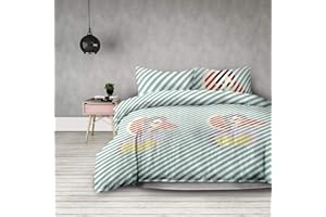 ‎AMELIAHOME AmeliaHome Komplet pościeli 3 - częściowy 230x220 cm z 2 poszewkami na poduszki 50x75 cm w paski Mikrofibra zamek błyskawiczny Basic Retro Girl miętowy biały