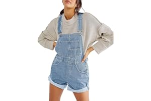 Felcia Women Denim Bib Shorts Overalls Adjustable Strap Suspender Wide Leg Rolled Cuff Jumpsuit Casual Jean Shorts Dungarees with Pockets