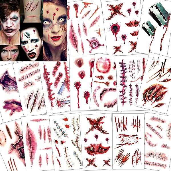 Tatouages Halloween 40 Pièces – Araignées 3D & Cicatrices Sanglantes Imperméables