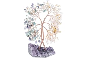 Nupuyai Arbre de Vie en Pierre avec Base en Cluster Améthyste Naturelle, Feng Shui Bonsaï en Cristal Arbre Concentrique Symbole d'amour pour Décor de Mariage et Bureau, Fluorite & Citrine