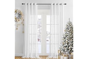 PONY DANCE Cortinas Salon Modernas Largas 2 Piezas 132x240cm(AnxAl), Visillos Blancos de Lino Translúcidas con Ojales para Dormitorio/Comedor/Cocina