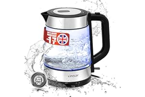 Linsar - Electric Glass Kettle - 1.7L with Blue LED - With Removable Filter, Heat- Resistant Glass, Cordless Base, Fast and Quiet Boil - BPA-Free - 2200 Watt