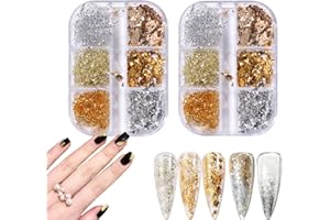 2 Boîtes Feuille d'art d'ongle Holographique Flocons Mixte Feuille,12 grilles Paillette à Ongles Feuille Nail Foil Or Argent Cuivre,HOINCO Paillette pour ongles décoration de design art