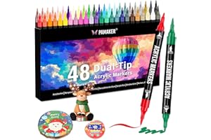 ‎PAMAKER 48 Colours Acrylic Pen Set - Acrylic Marker with Fine Tip and Brush for Fabric, Canvas, Glass, Wood and Paper - Ideal for Children and Adults, Drawing and DIY Craft Projects