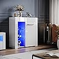 ELEGANT White High Gloss Sideboards with 16colors LED Light Single Door Modern Display Cabinet TV Unit Furniture for Living Room, H83xW75xD35cm, Power Adapter Included