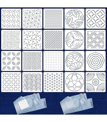 Zernblend Sashiko Stencilset, 20 stuks, 20 x 14 cm, plastic sjablonen voor geometrische patronen, handquilten en textielvormgeving, letters- en reliëfsjablonen