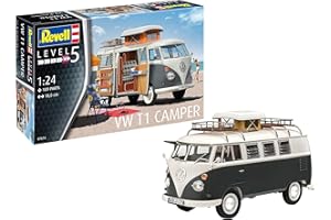 Revell 07674 Volkswagen VW T1 Bulli Camper, Campingbus zum Selberbauen 1:24, 18 cm originalgetreuer Modellbausatz für Experten, unlackiert