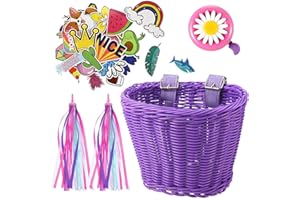 IVEOPPE - Lot de 4 paniers de vélo tressés pour enfants - Avec sangle en cuir, sonnette de vélo, serpentins, autocollants, cadeaux pour enfants