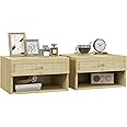 HOMCOM Floating Bedside Tables, Nordic Nightstands Set of 2 with Rattan Drawer and Open Shelf for Bedroom, Nature Wood Finish