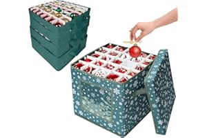 Anstore Green Snowflake Christmas Storage Box with Lid, 4-Tier Bauble Organiser with Adjustable Dividers, Festive Pattern Oxford Fabric Decoration Storage, 83pcs 5-9cm Ornament Protection with Handles