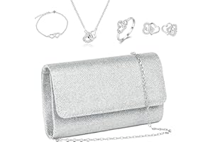 KSVFTB Silver Jewellery Set, Silver Clutch Bags for Weddings with Necklace, Earrings, Bracelet, Ring for Wedding Bridal Prom Cocktail Party Ladies Evening Bags for Women