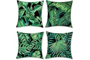 Bonhause Tropical Leaves Cushion Covers 45 x 45 cm Green Leaf Decorative Throw Pillow Covers Polyester Linen Pillowcases for Sofa Patio Outdoor Home Decor Set of 4